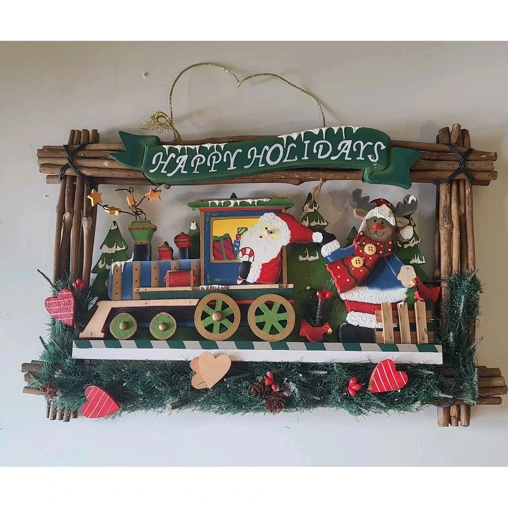 Santa Christmas Door‎ Wall Window Sign Wood Vintage Wreath Happy Holidays Decor